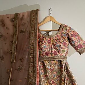 Luxury Hand-Embroidered Floral Lehenga Set with Dupatta | Blush & Gold